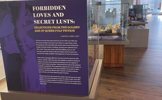 Exhibit case about queer pulp novels