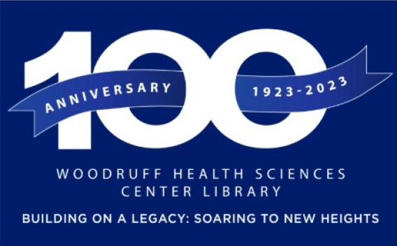 Logo:  100 years anniversary of Woodruff Health Sciences Center Library from1923-2023