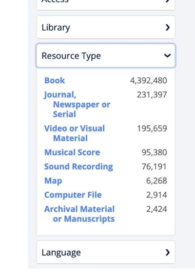 Screenshot showing how to limit resource type to video or visual material in Library Search.