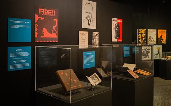 Exhibit with books under glass and reproduced book jacket art on the walls