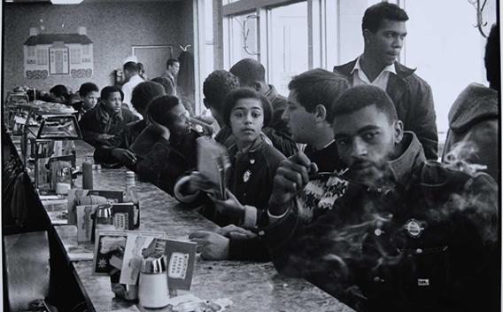 Black patrons at a lunch counter during the civil rights era