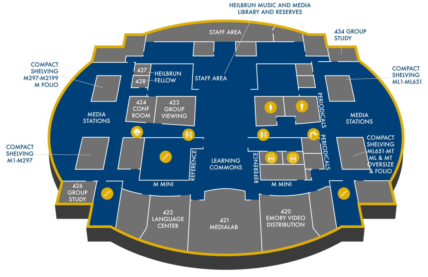 Woodruff Library Level 4 (Group Viewing Room, Heilbrun Music and Media Library, Group Studies, Media Stations, Media Lab, Music Book Stacks)