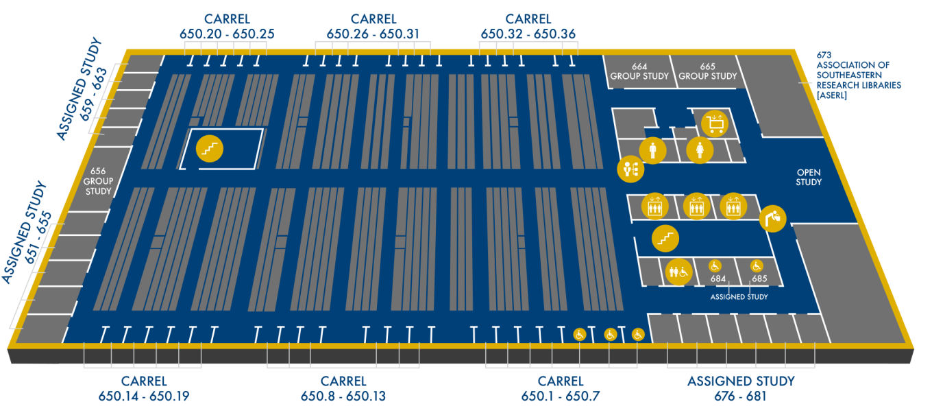 Woodruff Library Stacks Tower Level 6 (Assigned Studies, Carrels, Group Studies, Association of Southeastern Research Libraries (ASERL))