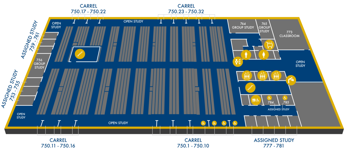 Woodruff Library Stacks Tower Level 7 (Assigned Studies, Book Stacks, Carrels, Classroom 773)