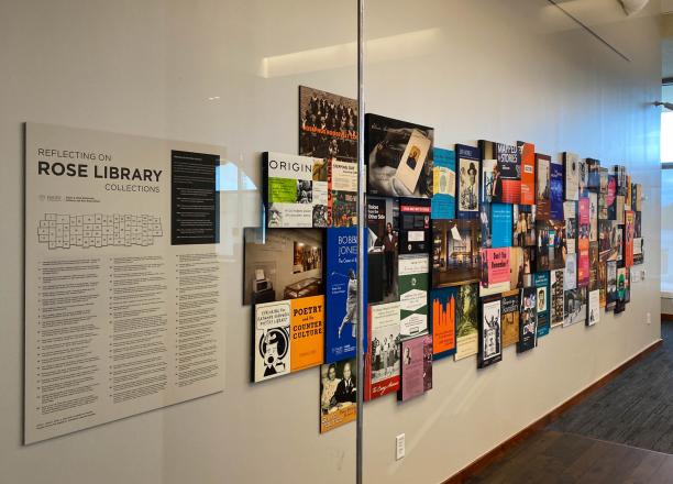 Rose Library's reading room collage wall display located on Level 10 of  Woodruff Library, designed by John Klingler