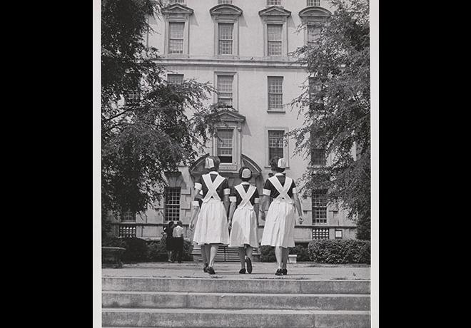 Nursing students walking toward the nursing school, circa 1960s. Image: Emory University Photograph Collection.